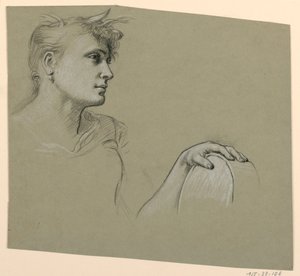 Tekening, vrouwenprofiel en studie linkerhand, ca. 1885 door Elihu Vedder