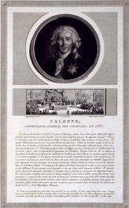 Calonne, controleur-generaal van financiën in 1787, portret gegraveerd door Charles Levachez, met een scène van de vergadering van de notabelen door Jean Duplessis-Bertaux, ca. 1803 door Elisabeth Louise (after) Vigee Lebrun