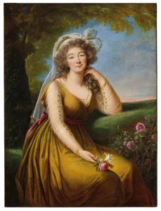 Portret van Madame du Barry (1743-1793), driekwart, zittend in een landschap, ca.1775-93 (olieverf op doek)