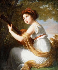 Portret van de dochter van de kunstenaar, zittend, driekwart lengte, gitaar spelend