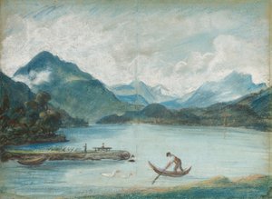 Uitzicht op het Meer van Genève met een man die een kleine boot roeit en twee zwanen
