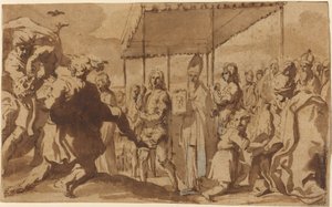 De genezing van de bezeten jongen in een processie van de Volto Santo door Elisabetta Sirani