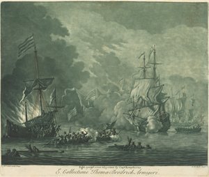 Gevecht tegen zeven Algerijnen door Elisha Kirkall after Willem van de Velde the Elder