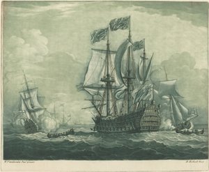 Scheepvaartscène met oorlogsschip door Elisha Kirkall after Willem van de Velde the Younger