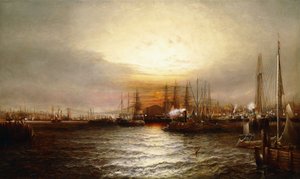 Zonsopgang vanaf Chapman Dock en Oude Brooklyn Navy Yard, East River, New York