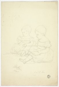 Twee zittende babymeisjes (recto), een stilleven, en twee dieren (verso) door Elizabeth Murray