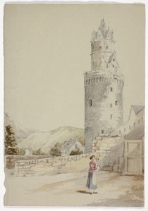 Vrouw en kind voor ommuurde stad met toren door Elizabeth Murray