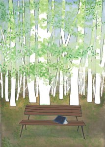 Bank in het bos, 2017 (aquarel en collage) door Elizabeth Rider