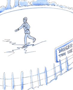 Een persoon die een waarschuwing niet heeft gezien en die op het dunne ijs schaatst, kan onschuldig zijn, maar loopt nog steeds gevaar door Elizabeth Wang