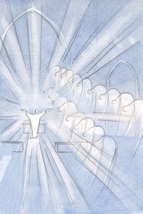 Engelen en heiligen buigen diep, aanbiddend, bij Christus