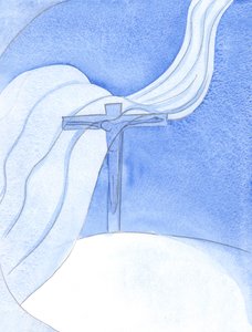 Terwijl Christus Zijn Bloed uitstort in een Nieuw Verbond, waait een grote kwaadaardige wind over het Kruis, dreigend en vernietigend