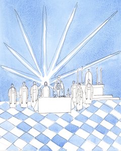 Bij de Consecratie tijdens de Mis, bij Blackfriars in Oxford, zag ik Christus achter het altaar staan, met de Dominicaanse priesters die concelebreerden door Elizabeth Wang