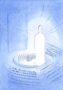 In het centrum van de basiliek van het Knock-heiligdom zag ik Jezus tijdens de Heilige Mis; Hij straalde van licht, met een mijter op zijn hoofd