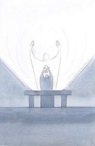 Bij de offerande pleitte Christus namens ons, met uitgestrekte armen naar de Vader. door Elizabeth Wang