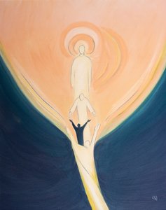 Christus leunt vanuit de Hemel en trekt ons, met de kracht van de Heilige Geest, naar het hart van God