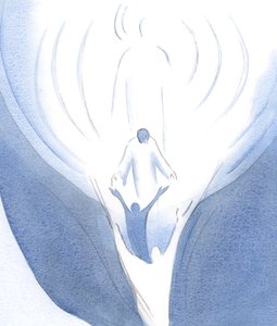 Christus leunt uit de Hemel en trekt ons, met de kracht van de Heilige Geest, naar het hart van God. door Elizabeth Wang