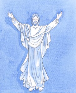 Christus reikt uit om ons te omarmen op de manier die in veel christelijke afbeeldingen wordt getoond