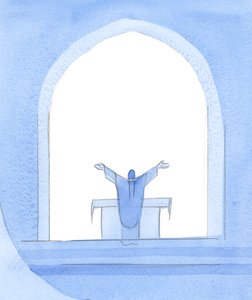 Christus staat bij het altaar, pleitend voor ons, met Zijn armen wijd open, pleitend voor Zijn volk, voor de levenden en de overledenen, en biedt onze gebeden aan als de Zijne