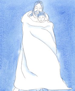 Christus staat bij ons in de Heilige Communie, ons in Zijn mantel wikkelend, zoals een man een vriend in een storm omhult, om zijn vriend dicht bij zich te houden en hem bescherming, warmte en troost te geven door Elizabeth Wang