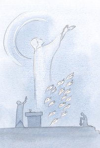 Christus stond in het heiligdom, Zijn ogen opgetild naar de hemel, vlammen van offer dichtbij Zijn kleding door Elizabeth Wang