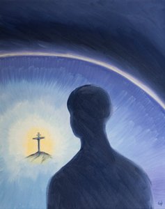 God de Vader kijkt in liefde en bewondering neer terwijl Christus vrijwillig leed om Zijn plan te vervullen om zondaars te redden door Elizabeth Wang
