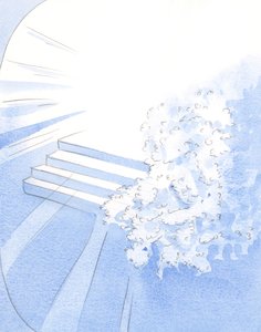 God verwelkomde zijn gemartelde monniken in het gezelschap van de heiligen. Witte bloesems versierden de ingang naar de glorie door Elizabeth Wang