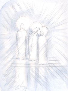 Ik zag Jezus duidelijk, Zijn Heilige Moeder aan Zijn zijde, en Sint Jozef naast Haar. Christus geeft hen aan ons als helpers en voorbeelden door Elizabeth Wang