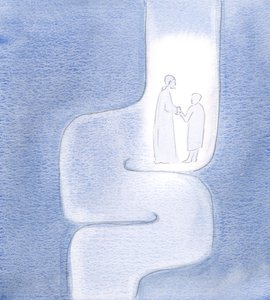 Ik zag dat Christus mij vasthoudt tijdens mijn reizen, terwijl we verder gaan naar de Vader, alsof we door kronkelende tunnels reizen