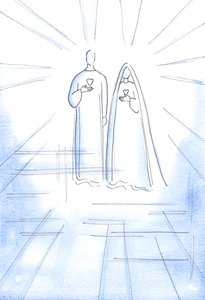 Mij werden de Twee Harten getoond: van de zondeloze Christus en van Zijn Onbevlekte Moeder, in het Stralende Licht van de Hemel door Elizabeth Wang