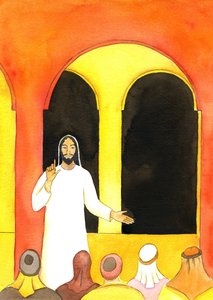 Jezus predikte in de Tempel, sprak de waarheid, en maakte sommige mensen boos die toen samenspanden om Hem kwaad te doen door Elizabeth Wang