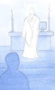 Jezus was aanwezig onder ons bij de Mis, gekleed als een priester, zich naar ons kerend om ons in gebed te leiden