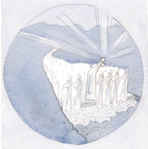 Op de weg van de Heilige Traditie, de Heilige Schrift hooghoudend, lopen de leraren: bisschoppen en priesters met al het volk door Elizabeth Wang