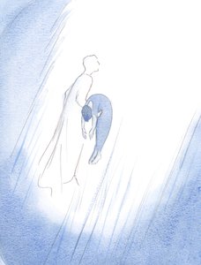 Eens omhelsde Christus snel een overleden ziel na haar zuivering, haar optillend - als een pasgeboren baby net geboren - hoog naar de Hemel door Elizabeth Wang