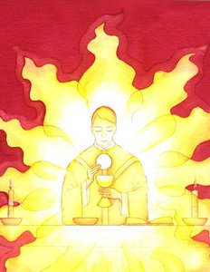 De aanwezigheid van Jezus in de Eucharistie is als een laaiend vuur van glorie door Elizabeth Wang