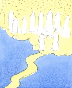 De gezegende ziel die tot het einde heeft volhard in de liefde voor Christus en haar naaste, wordt door Christus bij de hand genomen om de hemelse vrienden te ontmoeten die verzameld zijn om haar in hun gezelschap te verwelkomen door Elizabeth Wang