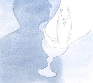 Het hart is als een kelk, wanneer het aan de Vader wordt aangeboden met Christus de vlekkeloze Slachtoffer en Offerande. door Elizabeth Wang
