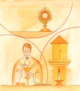 We kunnen grote genaden uit de Hemel krijgen door de gebeden van de heiligen; maar de grootste genaden worden door Christus zelf gegeven, rechtstreeks, in de Mis, in het Heilig Sacrament in het tabernakel, en in Expositie en Aanbidding, 2005 (aquarel op pa