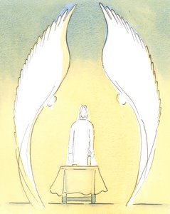 Wanneer het Heilig Sacrament naar het huis van een zieke wordt gebracht, is het werkelijk Christus die daar sacramenteel aanwezig is, zoals altijd bewaakt door de Engelen die Hem liefhebben en aanbidden door Elizabeth Wang