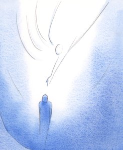 Binnen de mantel van Onze Lieve Vrouw wordt de vreugdevolle ziel gevoed door Christus, verlicht door Zijn Geest, en aangespoord om omhoog te kijken naar de Vader door Elizabeth Wang