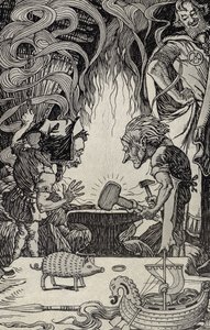 Het Derde Geschenk een Enorme Hamer, illustratie uit Myths from Many Lands, gepubliceerd 1912 door Elmer Boyd Smith
