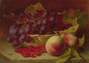 Stilleven van rode bessen, perziken en druiven in een mand