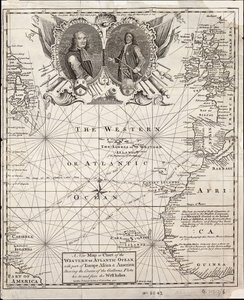 Een nieuwe kaart van de westelijke of Atlantische oceaan met een deel van Europa, Afrika en Amerika: de route van de galeien van en naar West-Indië door Emanuel Bowen