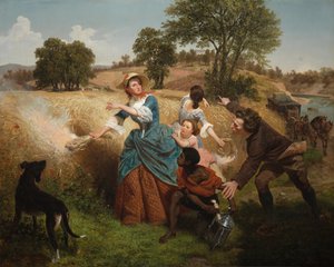 Mevrouw Schuyler die haar tarwevelden in brand stak toen de Britten naderden door Emanuel Gottlieb Leutze