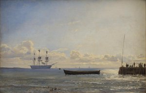 Een linieschip voor anker door Emanuel Larsen