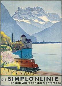 Simplonlinie, poster die treinreizen rond het Meer van Genève adverteert