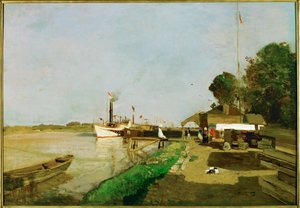 Dampfschiffstation an der Donau bei Kaisermuehlen - Stoombootstation aan de Donau bij Kaisermuehlen ... (schilderij op doek) door Emil Jakob Schindler