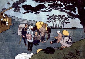 Reizigerspauze op een bergweg in Japan