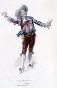 Volledig werk van Beaumarchais (1732-1799) door Edouard Fournier. Tekening door Emile Bayard. Ed. Laplace, Sanchez et Cie, Parijs 1876. Dit is Figaro in "De barbier van Sevilla" door Emile Antoine Bayard
