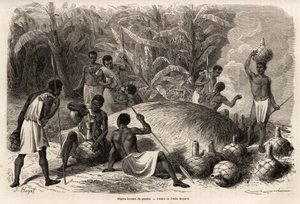 Proeverij van de pombe (alcoholische drank door fermentatie), in de Karague (westen van het Victoriameer, in het huidige Zimbabwe), tekening door Emile Bayard, ter illustratie van de ontdekkingsreis van kapitein Speke in Afrika van 1860 tot 1863. Gravure i door Emile Antoine Bayard