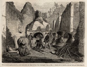Ontdekt bij een bakkerijoven en bewaard brood in as tijdens de opgravingen van 1864 in Pompei, tekening door Emile Bayard (1837-1891), ter illustratie van de tekst van Marc Monnier (1829-1885) "Pompei en de Pompeianen". Gravure in "Le tour du monde", uitge door Emile Antoine Bayard